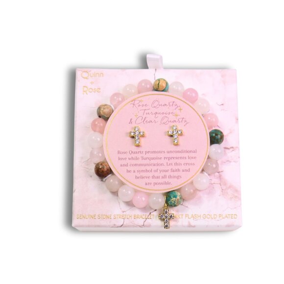 Quinn  Rose Quartz Turquoise Clear Quartz Cross Bracelet & Earrings Set 14K GP - Picture 1 of 6